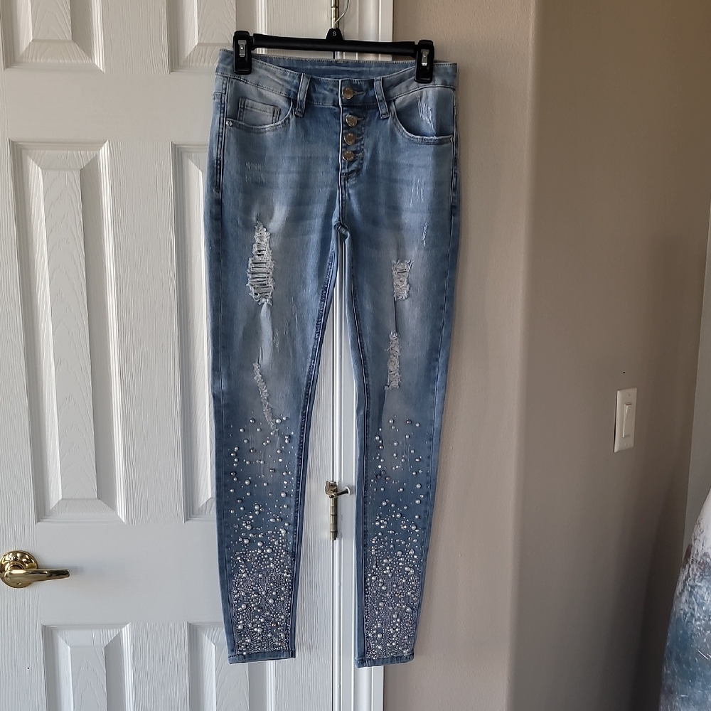 VENUS Light Blue Skinny Jeans with Pearl Details